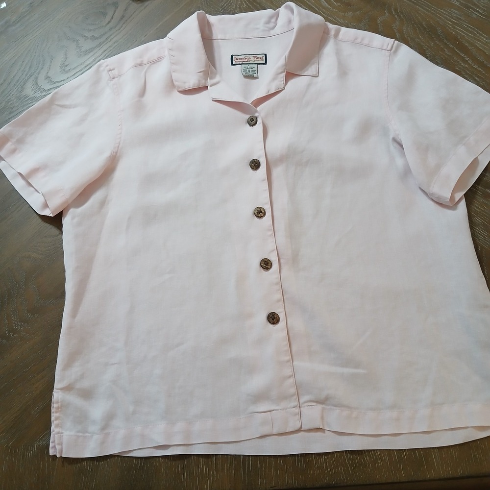 Jamaica Bay Women Shirt 100% Linen Sz L Button Up Short Sleeve Pale Pink